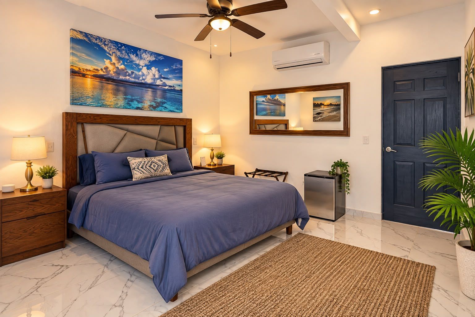 Een slaapkamer met een bed, nachtkastjes, een plafondventilator, een wandairconditioner, een deur en een groot raam met uitzicht.
