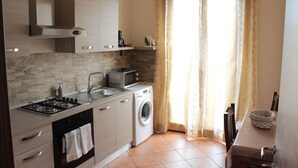 Een kleine keuken met een gasfornuis, magnetron, spoelbak en een wasmachine.