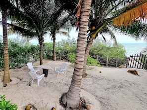Ein Sitzbereich im Freien direkt am Strand mit weißen Plastikstühlen und einem Tisch, umgeben von Palmen und Blick auf das Meer.