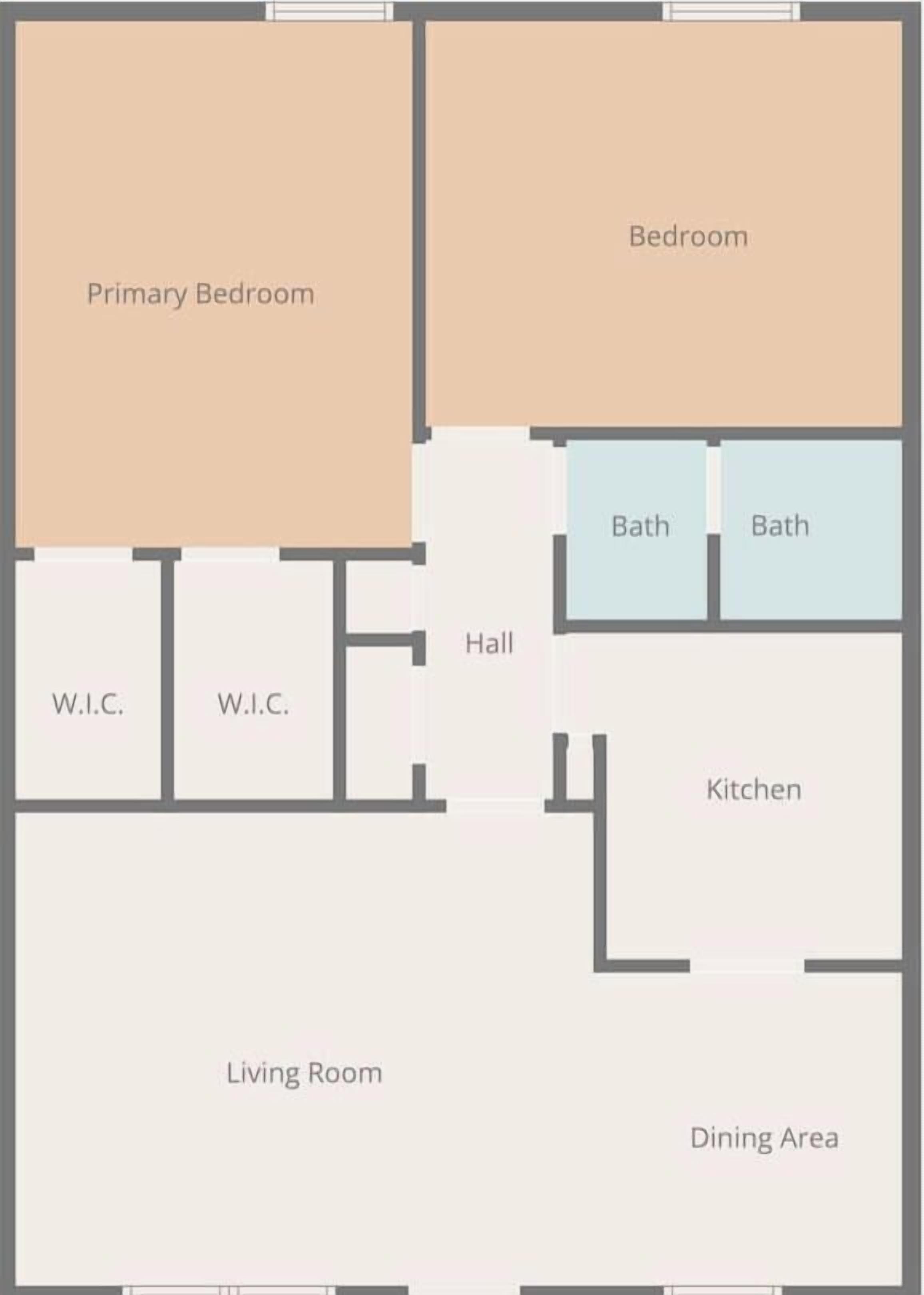 Een plattegrond met een hoofdslaapkamer, logeerkamer, twee badkamers, een keuken, een eethoek, een woongedeelte, een gang en twee inloopkasten.