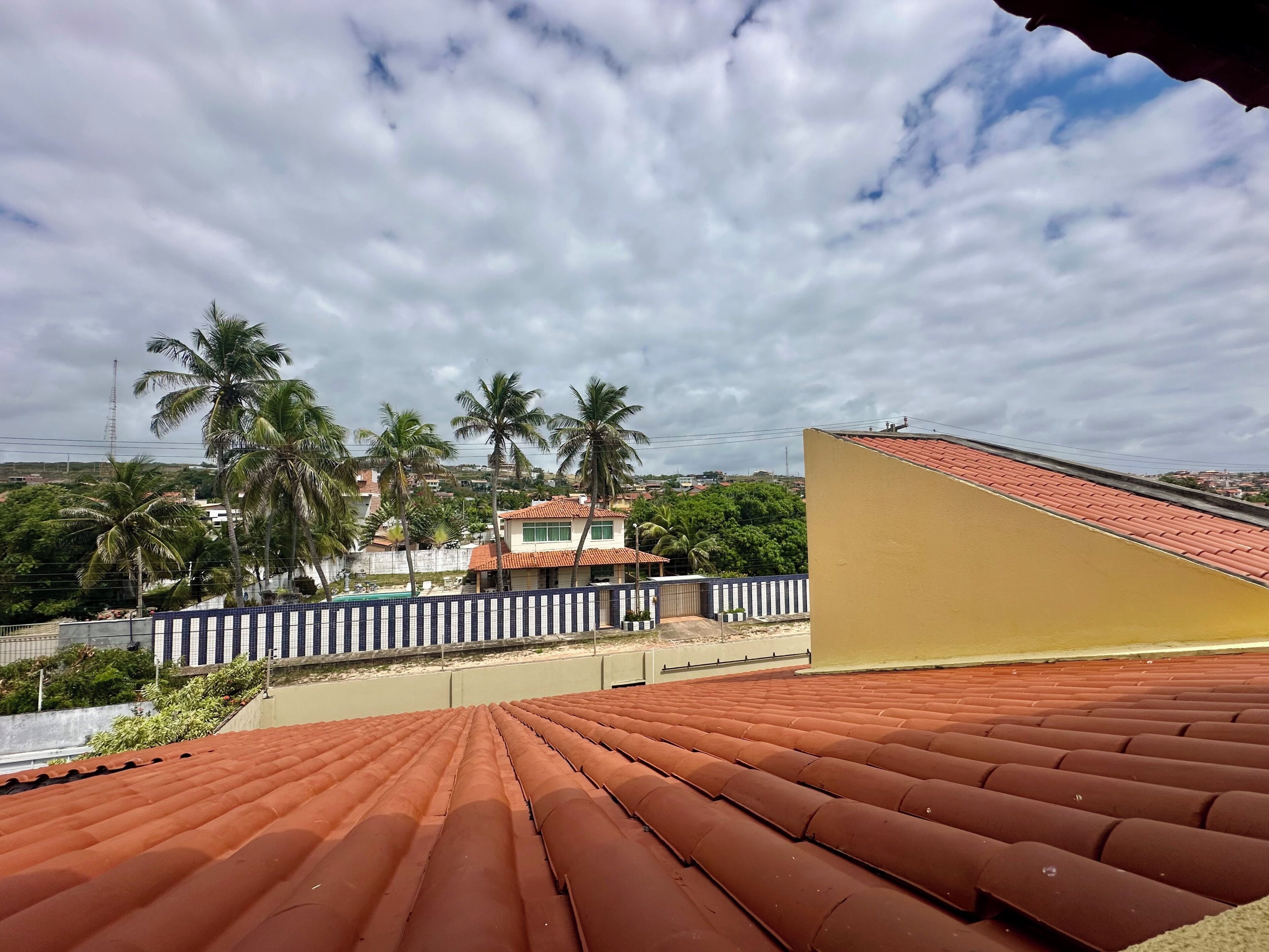 Una azotea con tejas de arcilla, una pared amarilla y una vista de palmeras y casas al fondo.