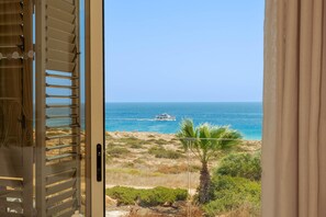 Blick durch ein Fenster mit Rollo, einer Palme und einem Boot auf dem Meer.