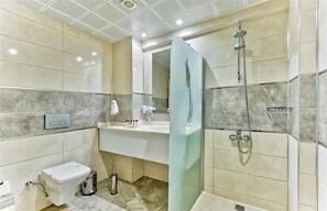 Douche, sèche-cheveux, chaussons, serviettes fournies