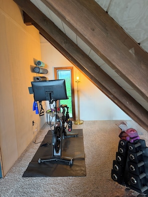 A room with a ceiling fan, a treadmill, and a yoga mat. - Glass Peak Cabin - Panoramic Mountain Views - Hot Tub - Sugar Mountain (Sugar Mountain)