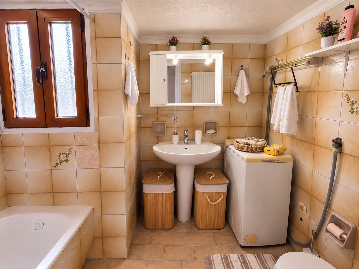 A compact bathroom with a bathtub, a sink, and a toilet. There are two waste bins and a towel rack with towels.