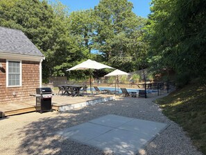 A backyard with a barbecue grill, a pool, and outdoor seating. - New listing, gorgeous home w/salt water pool in Sandwich, 
10 min from bridge!! (Sandwich)