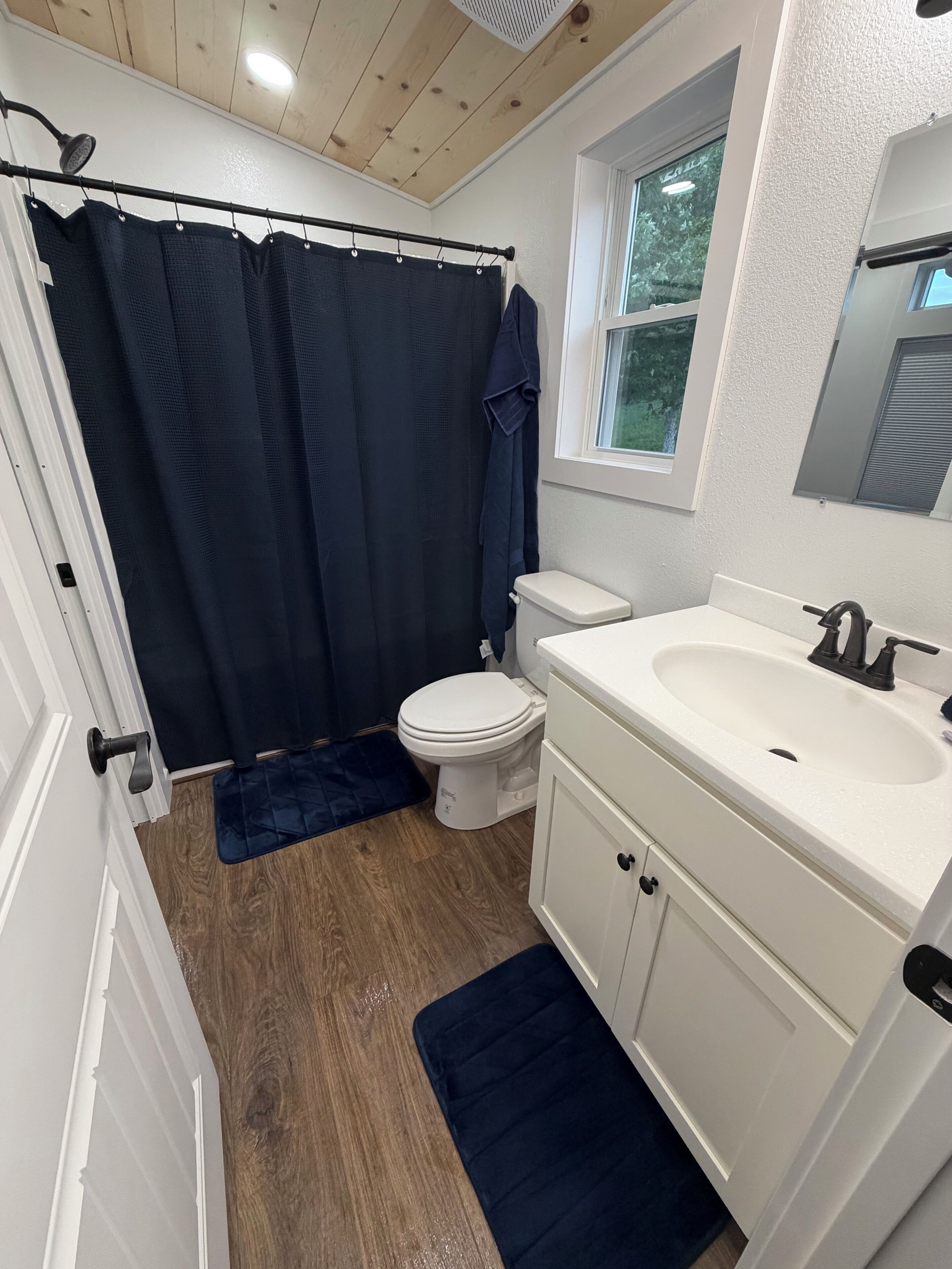 Shower, towels, soap, toilet paper