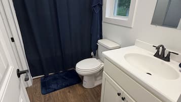 Shower, towels, soap, toilet paper