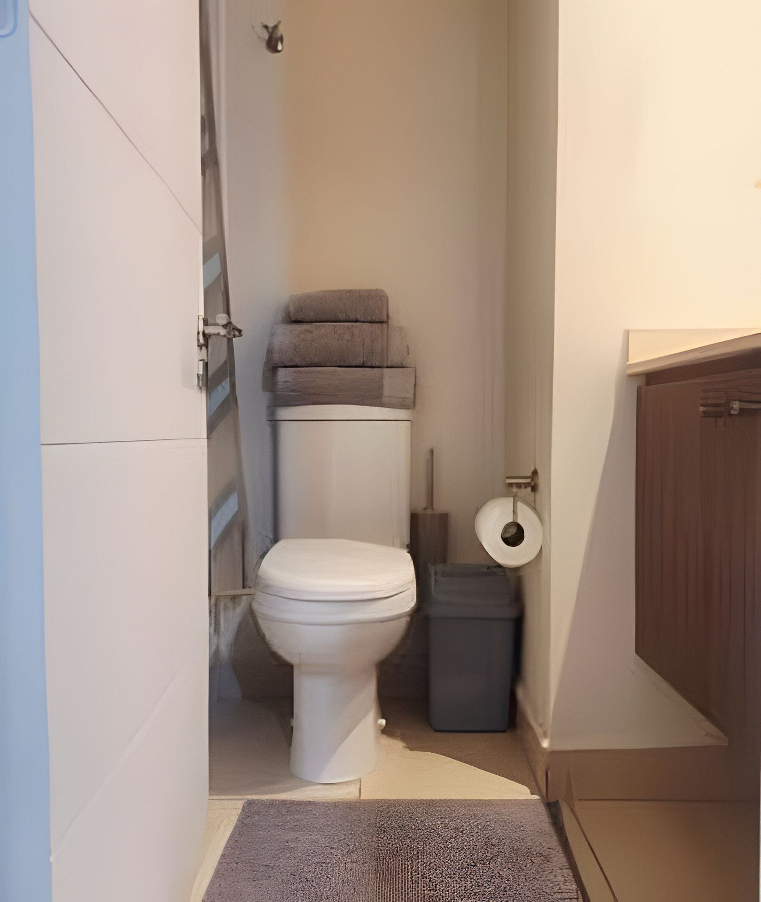 A small bathroom with a toilet, a trash bin, and a toilet paper holder.