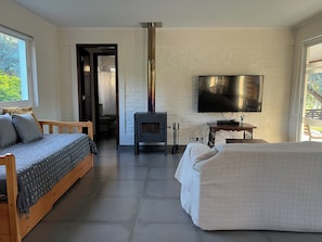 A modern room with a sofa, a bed, a fireplace, and a television.