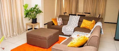 Een woonkamer met een bruine bank, een oranje vloerkleed en een potplant.