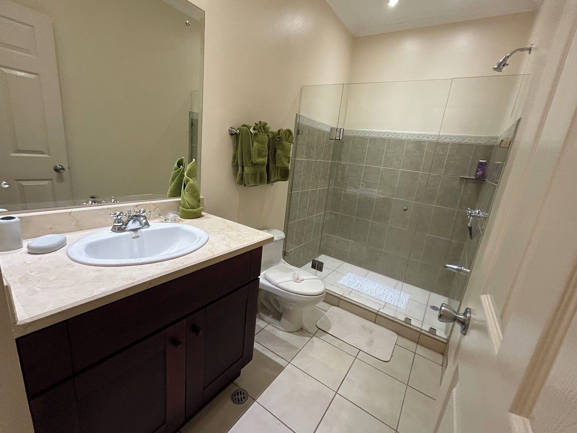 Een badkamer met een wastafel, toilet en douche.