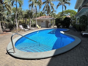 Ein Schwimmbad mit Fliesenbord, umgeben von Palmen und Liegestühlen.