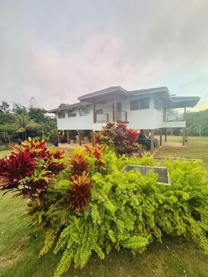 A modern house with a flat roof, a covered porch, and a garden with various plants. - Finca Los Caobos (El Carrizal)
