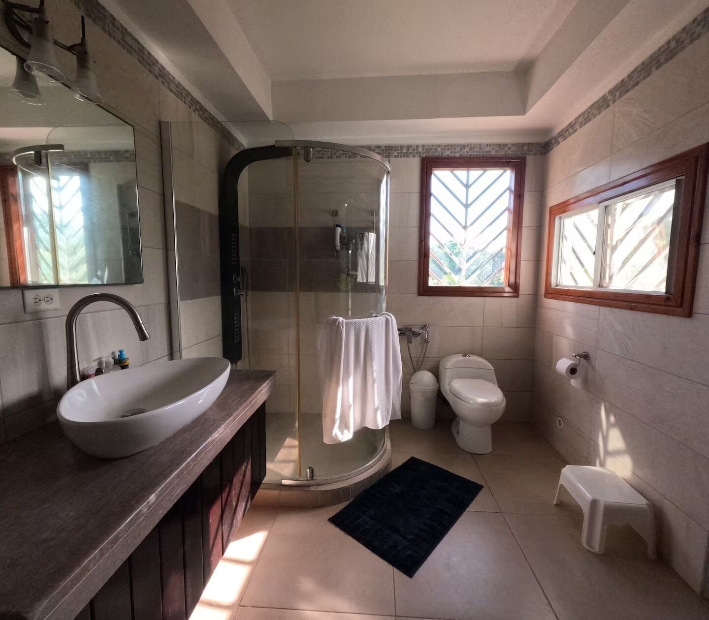 A bathroom with a large sink, a shower enclosure, a toilet, and a small stool.