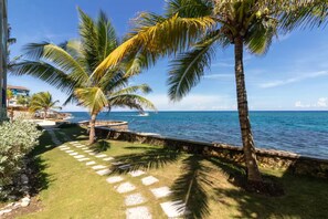 A coastal property with a paved walkway, palm trees, and a view of the ocean. - Teal Horizon~OceanfrontCaribbeanEscape - Tower Isle (Tower Isle)