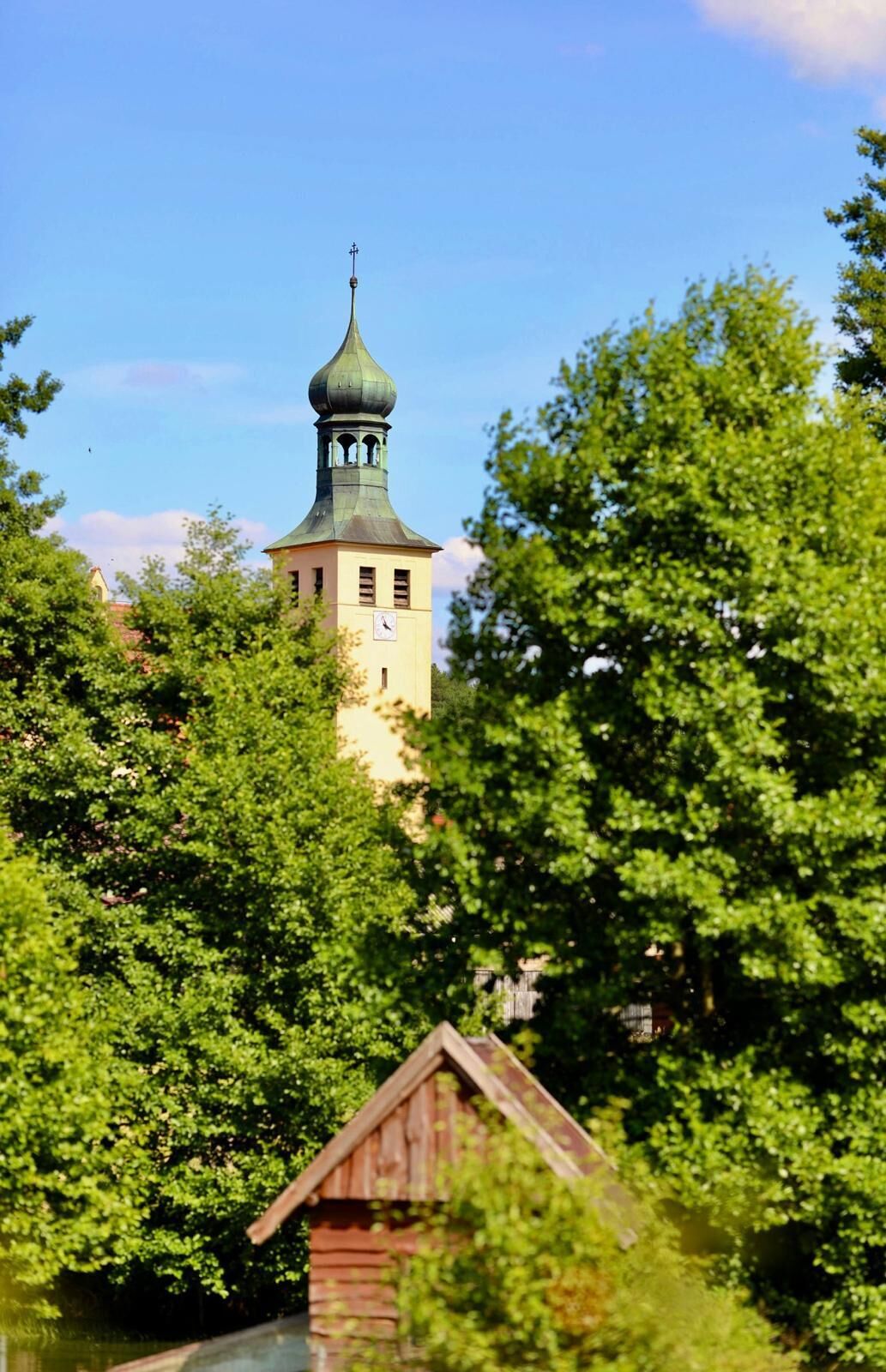 A church with a green dome and bell tower, surrounded by lush green trees.