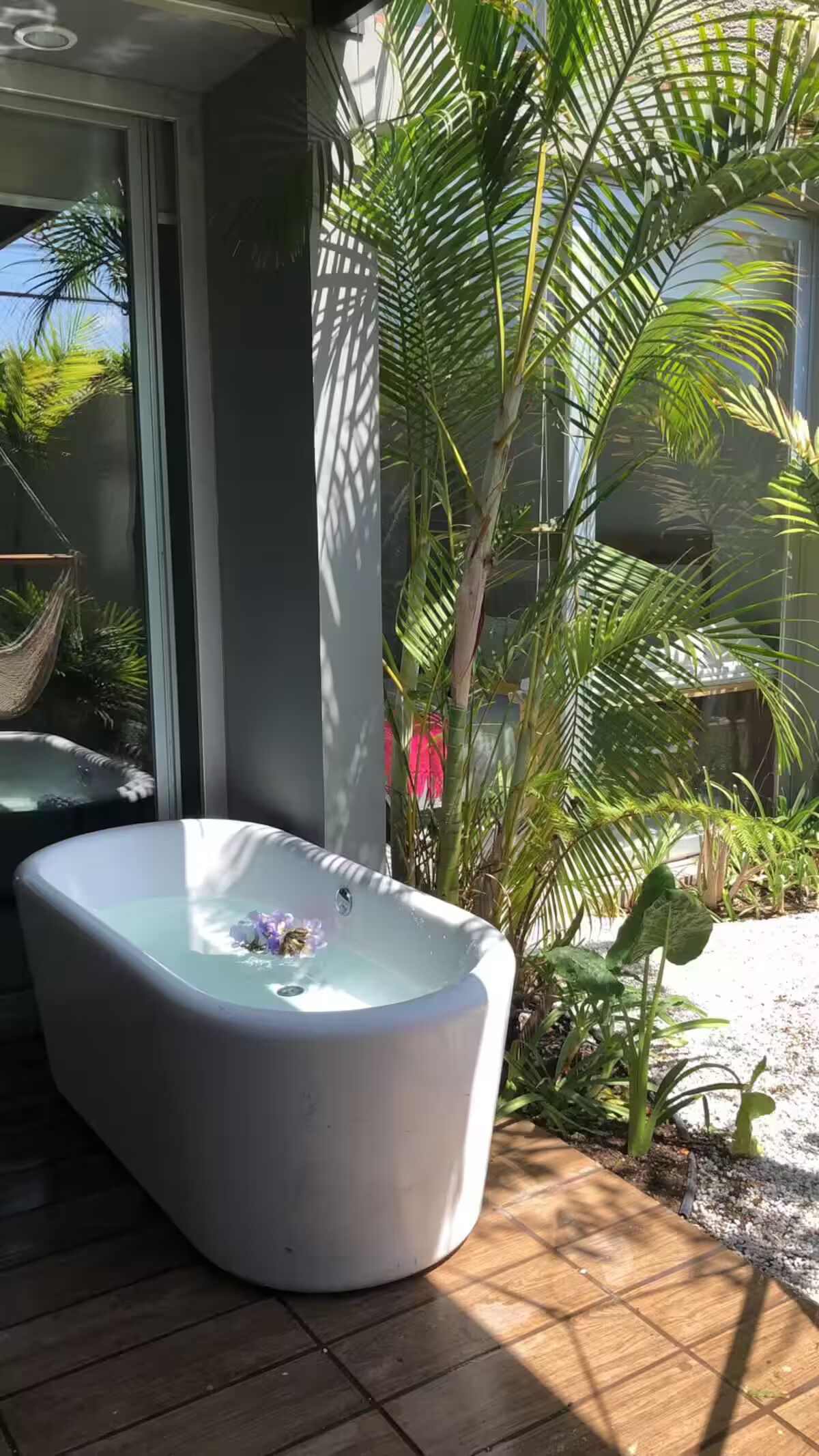 A spa area with a hot tub, a hammock, and lush greenery.