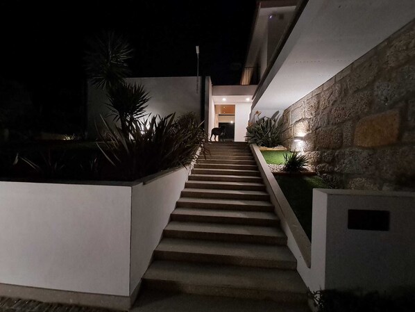A nighttime view of a modern staircase leading to a building entrance, surrounded by plants and stone walls.