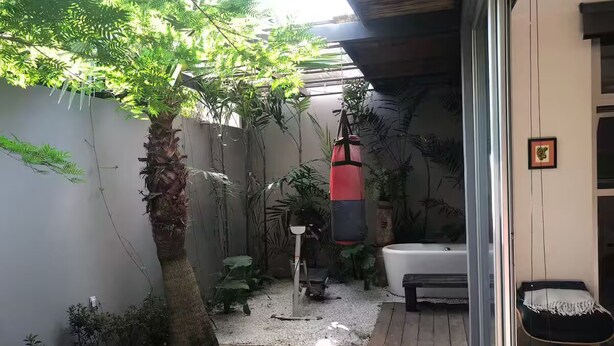 En träveranda med en palm, en röd boxningssäck och en svart massagefåtölj.