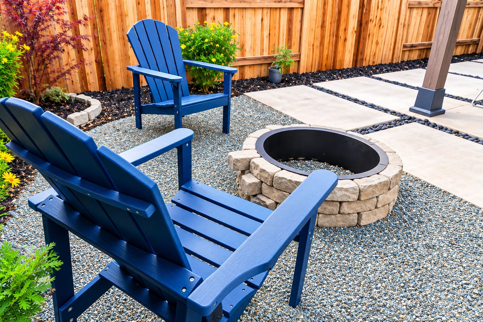Deux fauteuils Adirondack, un foyer en pierre et une clôture en bois, le tout dans un cadre de jardin.