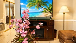 A living room with a television on a wooden cabinet, a brown leather sofa, a floor lamp, and pink orchids. - Casa Avalon Hotel (Avalon)