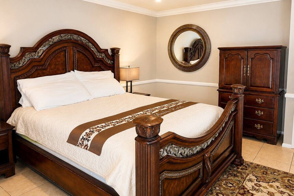Blackout drapes, iron/ironing board, bed sheets