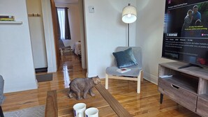 A living room with a television displaying a show, a chair with a cushion, a bear figurine, and two mugs on the floor. - Modern 2BR • Steps to Jean-Talon Metro • Fast Wi-Fi • Long Stays Welcome (Montréal)