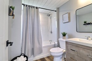 Hair dryer, towels, soap, toilet paper