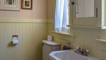 A bathroom with a toilet, sink, and a mirror above the sink.
