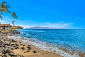 A beach with a rocky shoreline, palm trees, and a building with a view of the ocean.