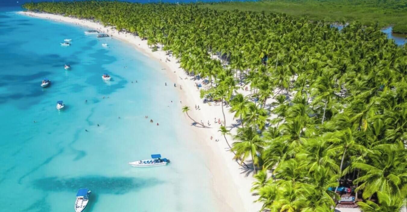 A beach with clear turquoise waters, a row of palm trees, and several boats.