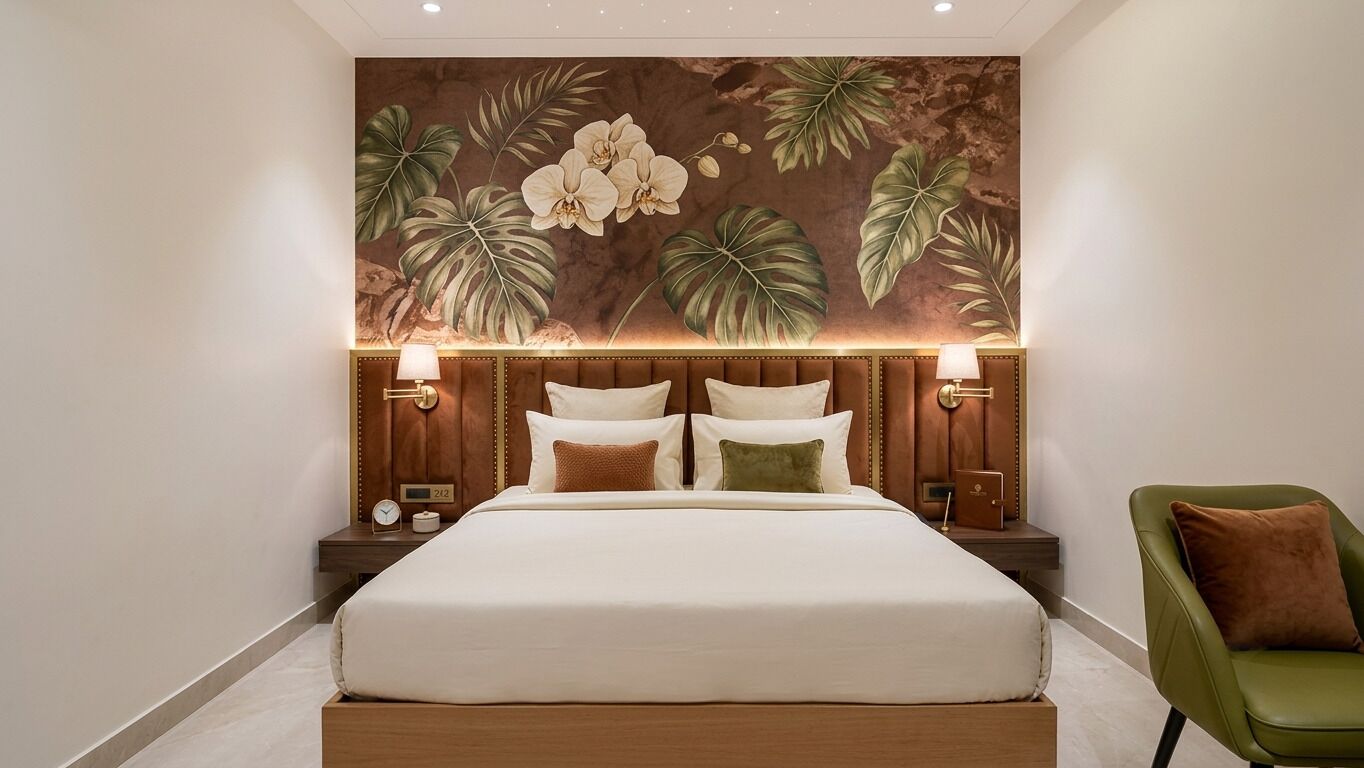 A hotel room with a large bed, a headboard with wall-mounted lamps, a green chair, and a tropical-themed mural on the wall.