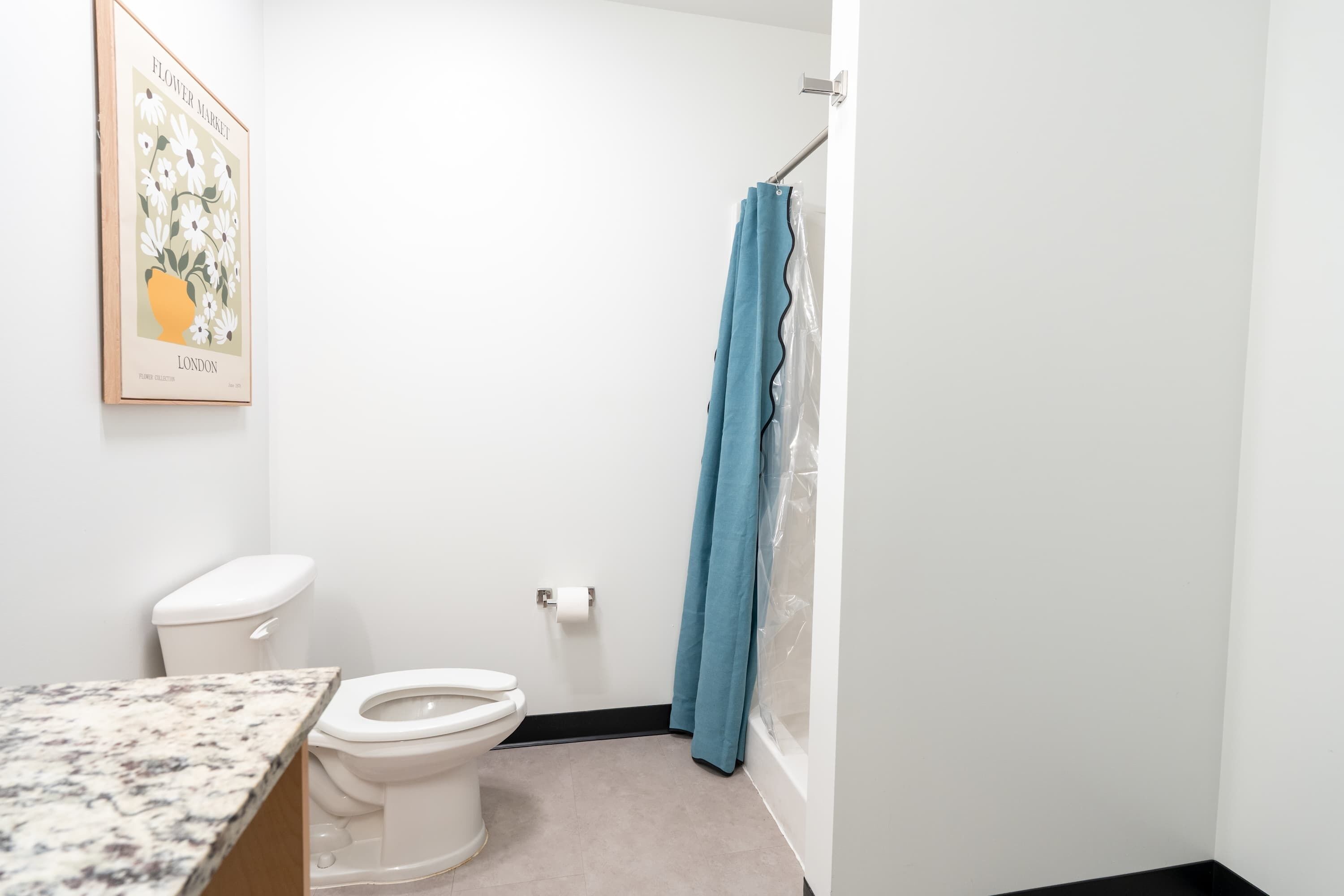 A bathroom with a toilet, a shower curtain, and a marble countertop.