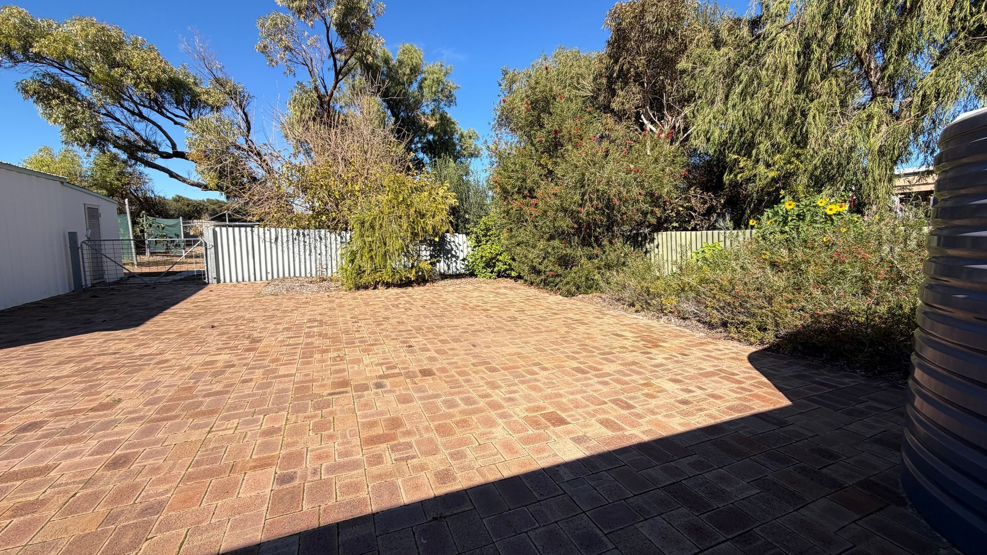 A paved backyard with a fence, trees, and a building in the background.
