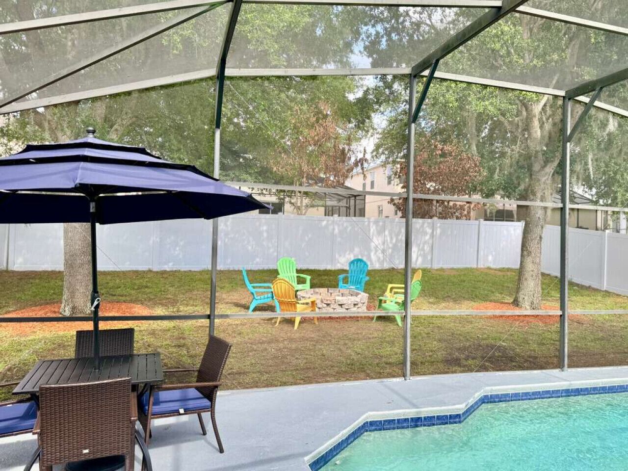A covered outdoor area with a pool, seating, and a fire pit.