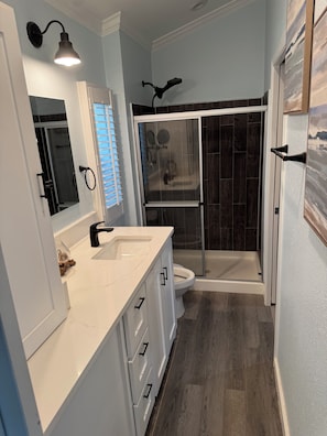 Shower, towels, soap, toilet paper