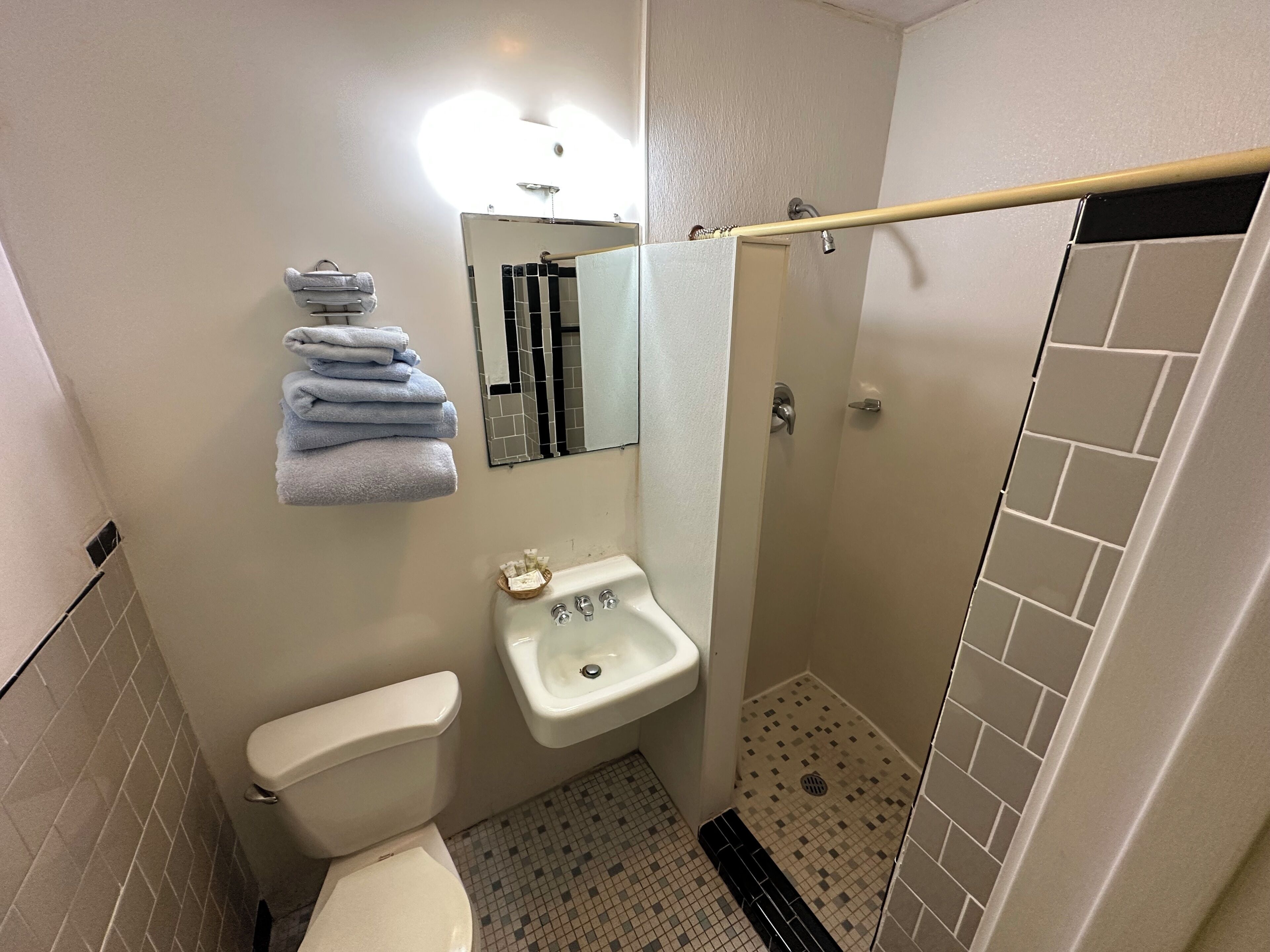 Shower, towels, soap, toilet paper