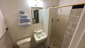 A bathroom with a toilet, sink, and shower.
