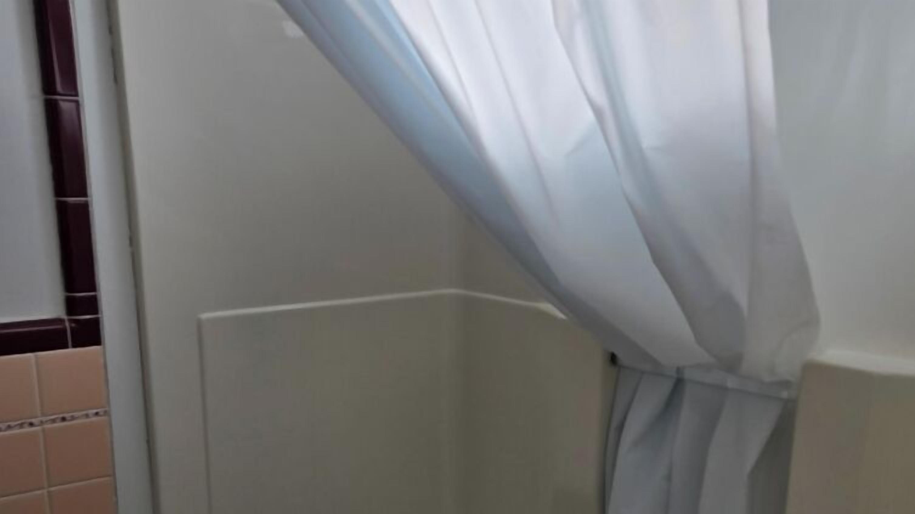 Ein Badezimmer mit Duschvorhang, Fliesen und einer weißen Tür.