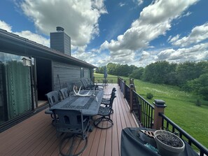 A deck with a dining table and chairs, a potted plant, and a view of a green landscape.