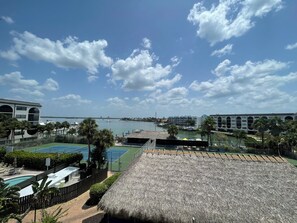 Un resort con piscina, una estructura de techo de paja y vista al puerto deportivo.