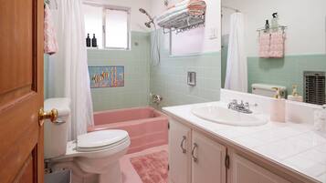 Hair dryer, towels, soap, toilet paper