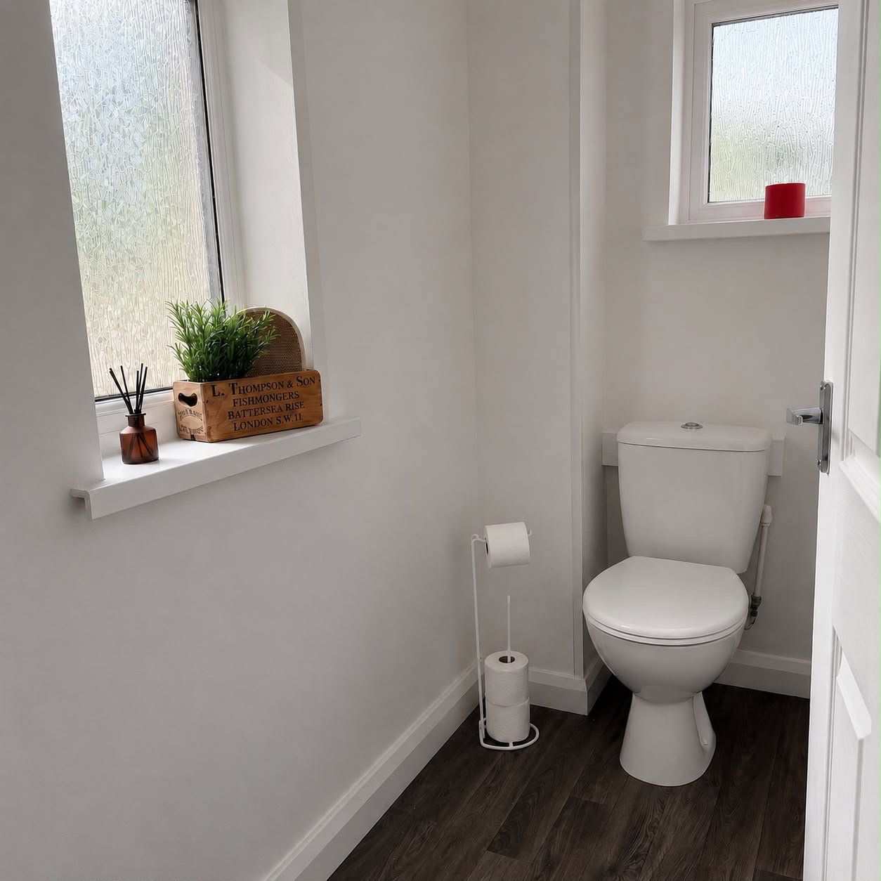 A modern bathroom with a toilet, a window with a plant, and a roll of toilet paper.