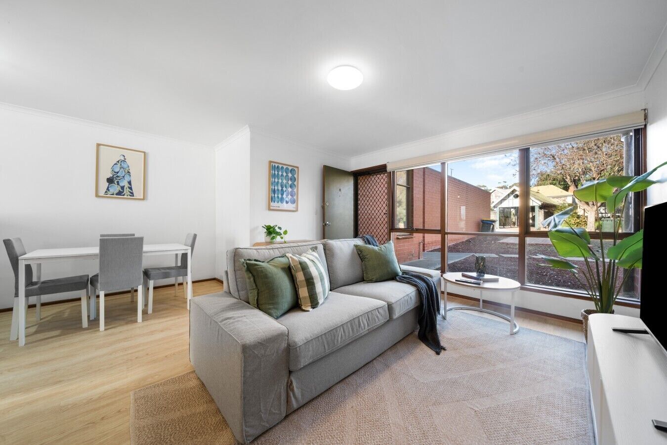 A modern living room with a grey sofa, a dining table with chairs, a large window with a view of the street, and a small side table with a plant.