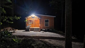 Una pequeña cabaña de madera con un porche, una parrilla y una mesa de picnic.