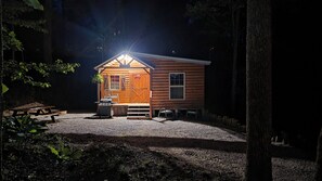 A small wooden cabin with a porch, a grill, and a picnic table. - Tranquil 1-bedroom cabin with AC in charming Zoe (Zoe)