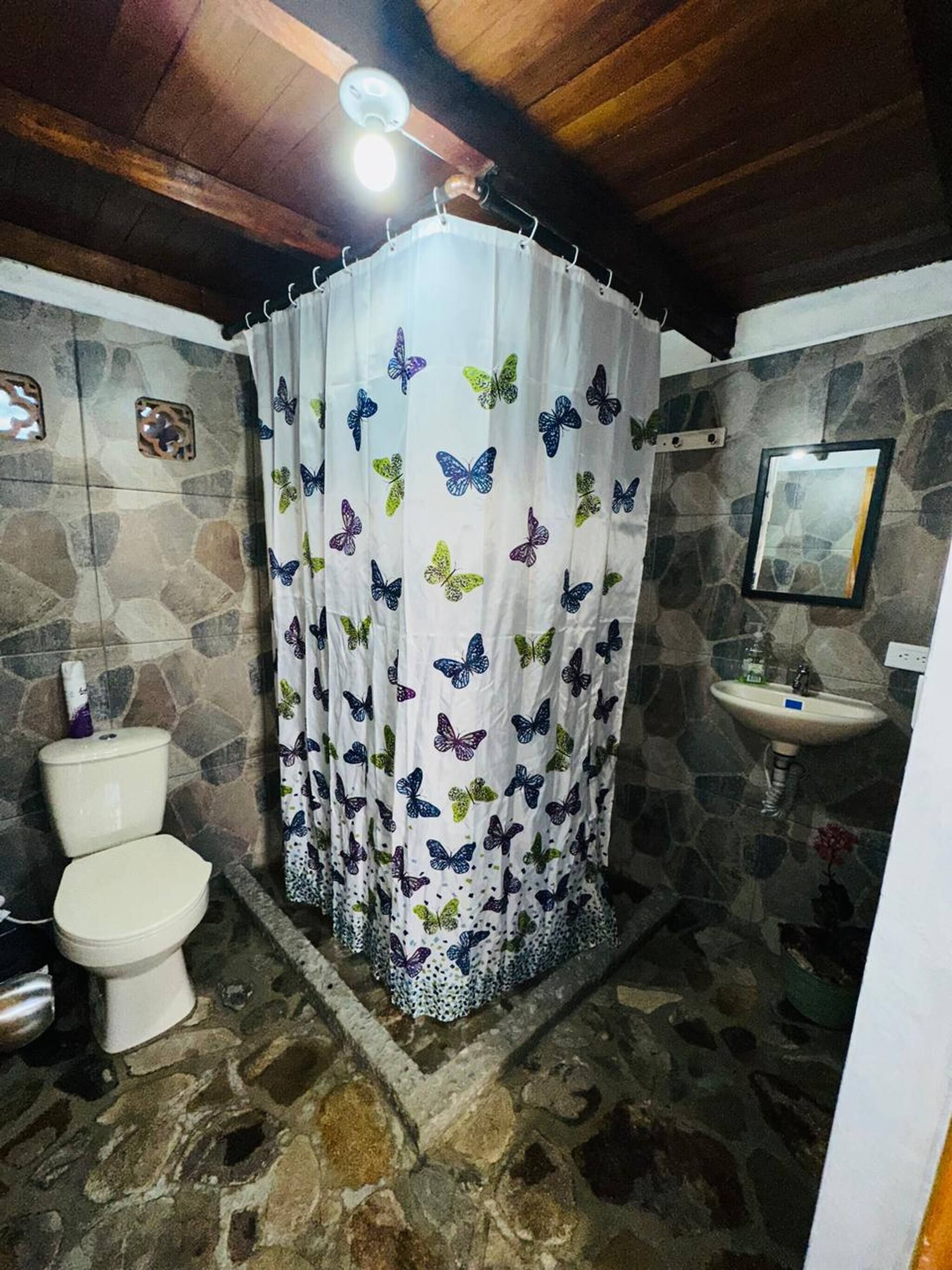Ein Badezimmer mit Steinwand, weißer Toilette, Waschbecken und Duschvorhang mit Schmetterlingsmuster.