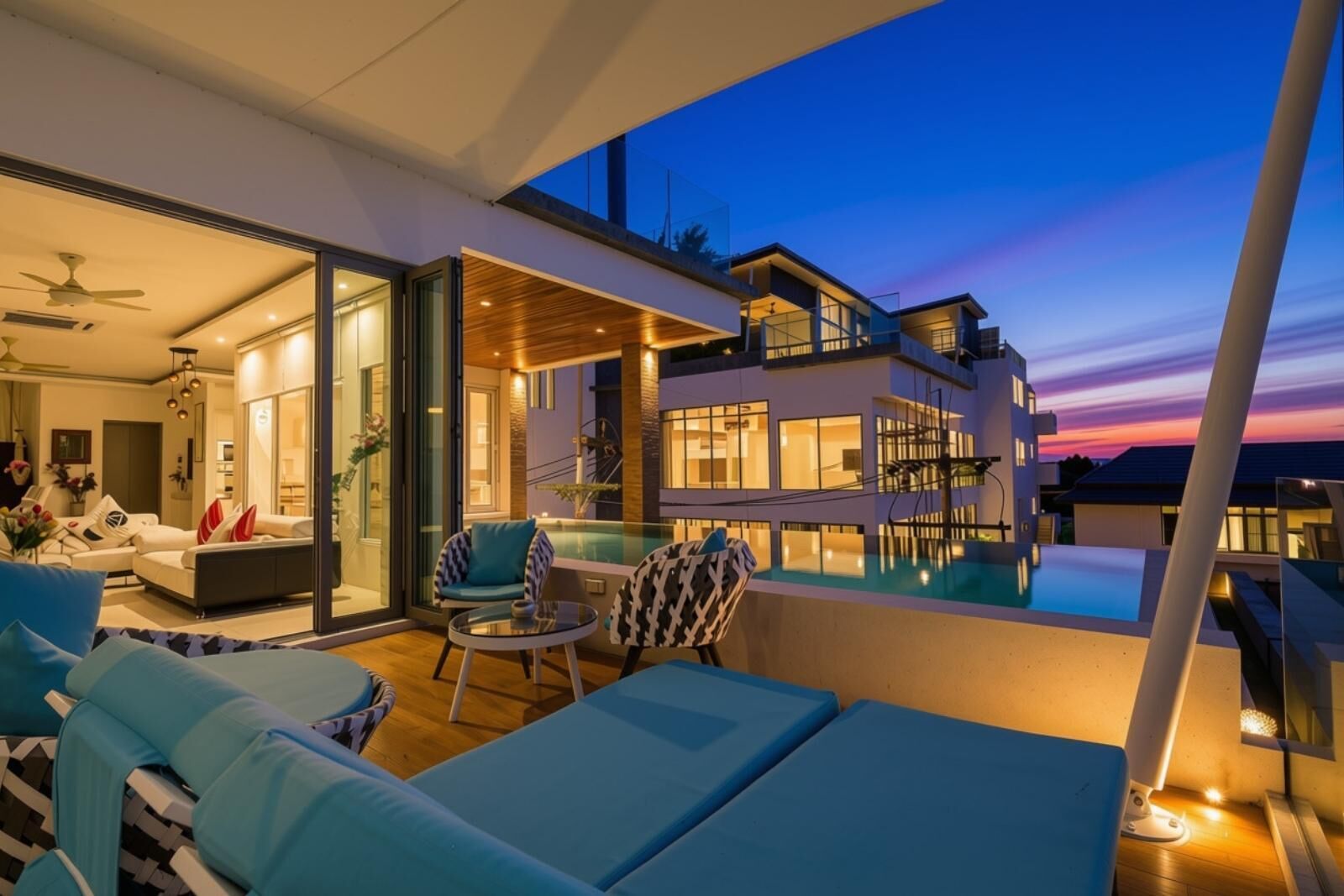 A modern outdoor living area with a pool, lounge chairs, and a glass-enclosed space with a ceiling fan.