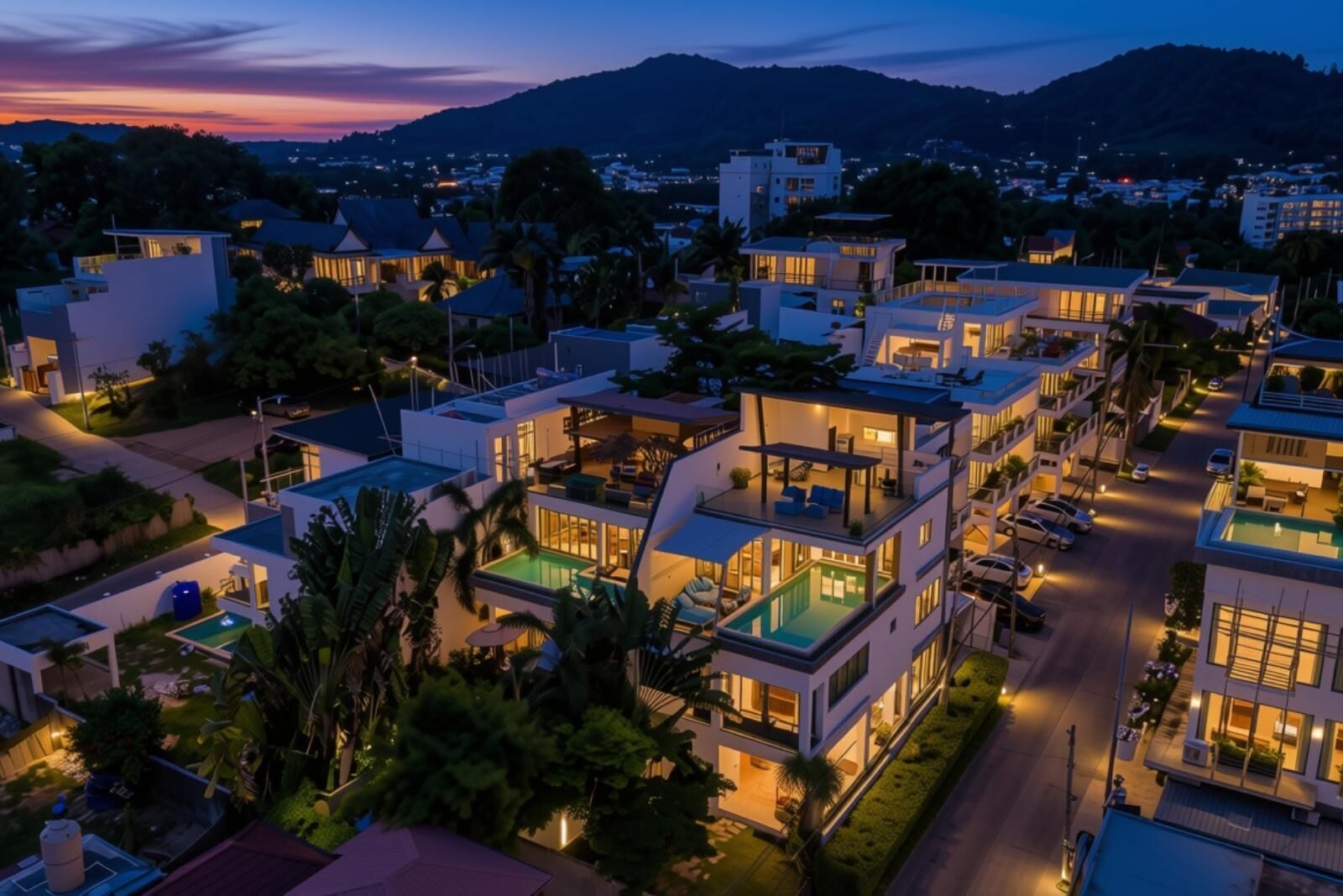 Un quartier résidentiel avec des maisons modernes, dont certaines sont dotées de balcons apparents et de piscines.